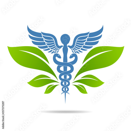 Aesculapius vector abstract illustration created using snakes and green leaves, Caduceus symbol. Healthy lifestyle is strong heart