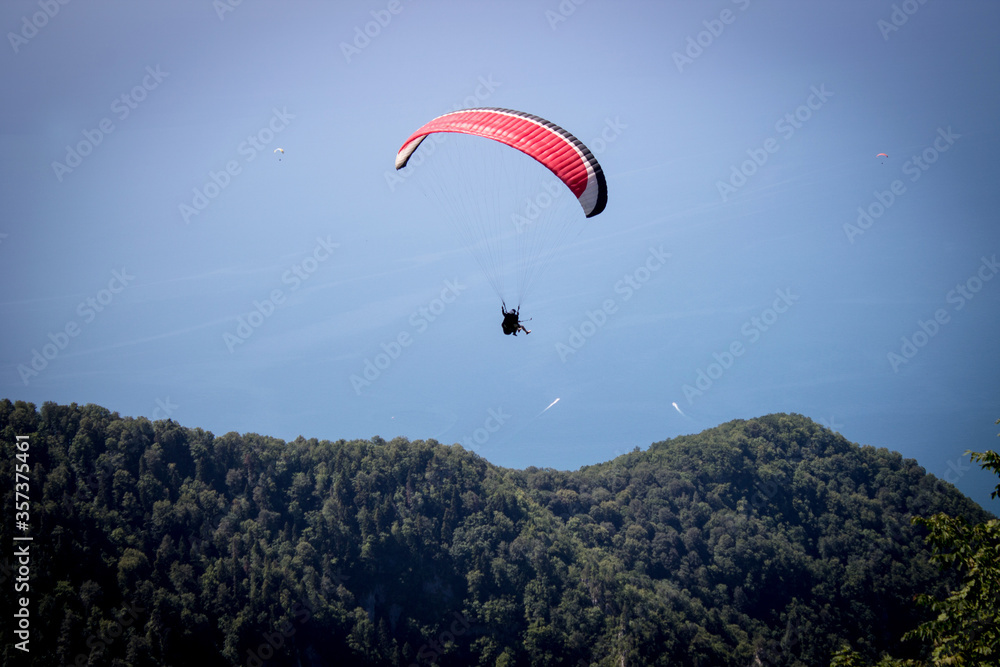 Paraglider soaring over the seashore Paraglider soaring over the seashore
