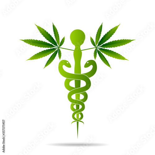 Aesculapius vector abstract illustration created using snakes and green leaves, Caduceus symbol. Healthy lifestyle is strong heart