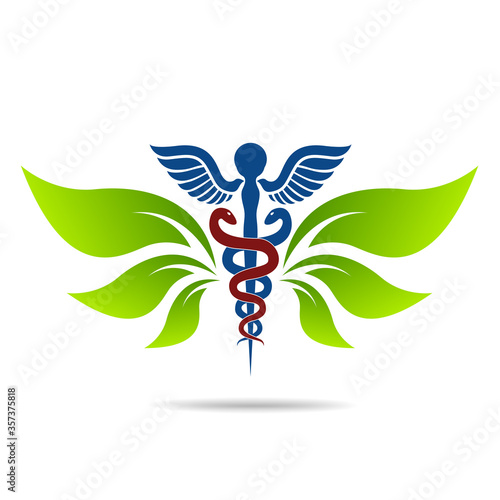Aesculapius vector abstract illustration created using snakes and green leaves, Caduceus symbol. Healthy lifestyle is strong heart