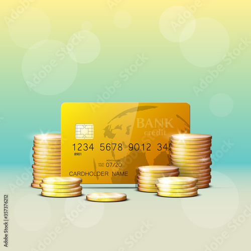 Credit card & gold coins banner. Banking hidden treasures icon. Finans riches icon. Plastic card software wealth badge. Debit card with electromagnetic chip. Privacy Electronic money funds transfer.