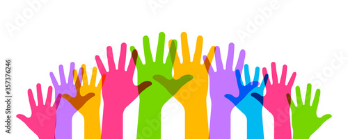 Hands up. Vector isolated illustation. Raised vector colored hands. Volunteering education business concept.