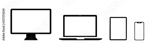 Device icon. Black vector isolated set of devices. Black device collection of icons. Technology multimedia concept.