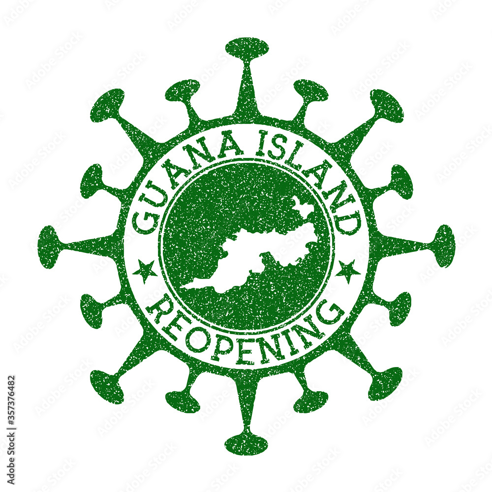 Guana Island reopening stamp. Green round badge of island with map of Guana Island. Island opening after lockdown. Vector illustration. Guana Island reopening stamp. Green round badge of island with map of Guana Island. Island opening after lockdown. Vector illustration.