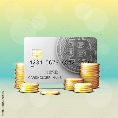 Credit card HUD Golden bitcoin. Digital currency money. Technology credit card bitcoin mining worldwide. Web banner golden bitcoin plastic card. Physical bit coin. Cryptocurrency electronic coin money