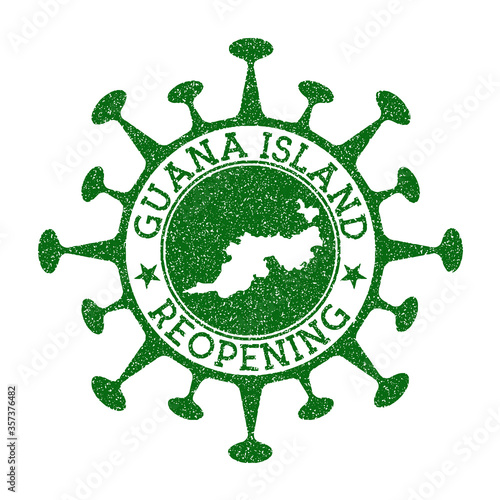 Guana Island reopening stamp. Green round badge of island with map of Guana Island. Island opening after lockdown. Vector illustration.