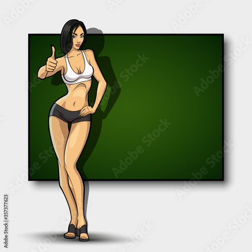 Slim girl on the background of an empty banner. Sexy woman in front of school board. Elegant lady on the background of pure advertising poster