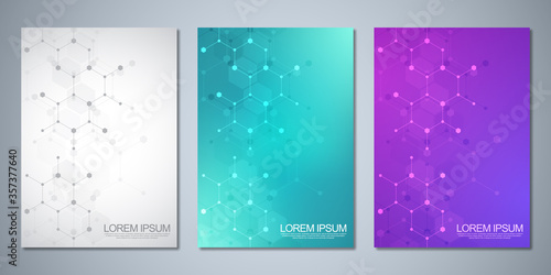 Template brochure or cover book, page layout, flyer design with molecular structures background and chemical engineering. Concept and idea for innovation technology and science.