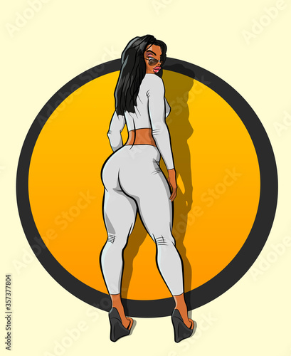 Painted girl in round. Comic Lady on circle. Cartoon woman. Drawing sportswoman.