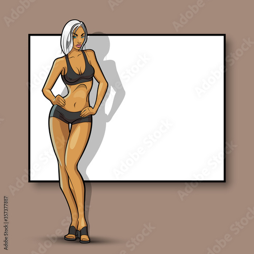 Slim girl on the background of an empty banner. Sexy woman in front of school board. Elegant lady on the background of pure advertising poster