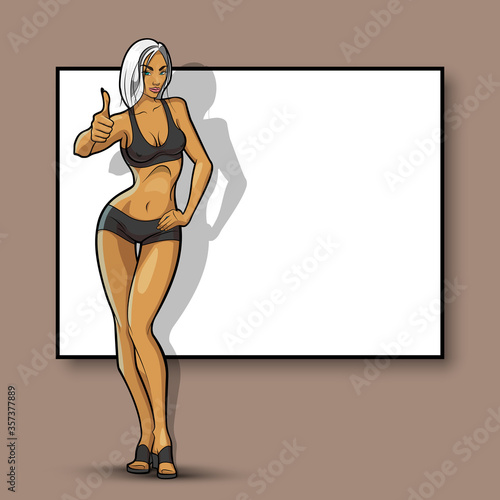 Slim girl on the background of an empty banner. Sexy woman in front of school board. Elegant lady on the background of pure advertising poster