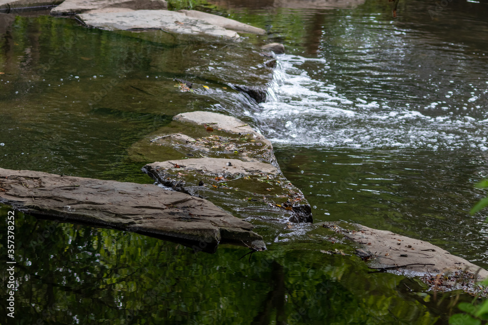 Calm floating creek with crystal clear water and rocks of a natural little dam or adventure hiking trail over a flat little brook in the woods as adventure tour for tourism with environmental health Calm floating creek with crystal clear water and rocks of a natural little dam or adventure hiking trail over a flat little brook in the woods as adventure tour for tourism with environmental health