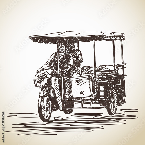 Sketch of tricycle motorbike Hand drawn vector illustration
