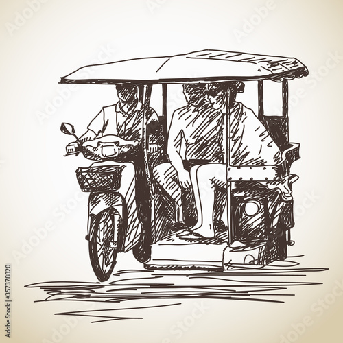 Sketch of tricycle moto taxi with tourist Hand drawn vector illustration