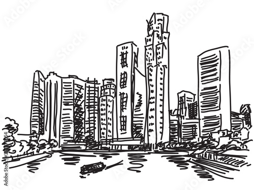 Singapore skyline. View from river side. Fast hand drawn sketch
