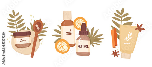 Set of vector vector illustrations in flat style. Serum, cream, lotion. Hand drawn cosmetics packaging, tropical leaves and fruits. Isolated composition on white background. Skin Care, Treatment, Spa