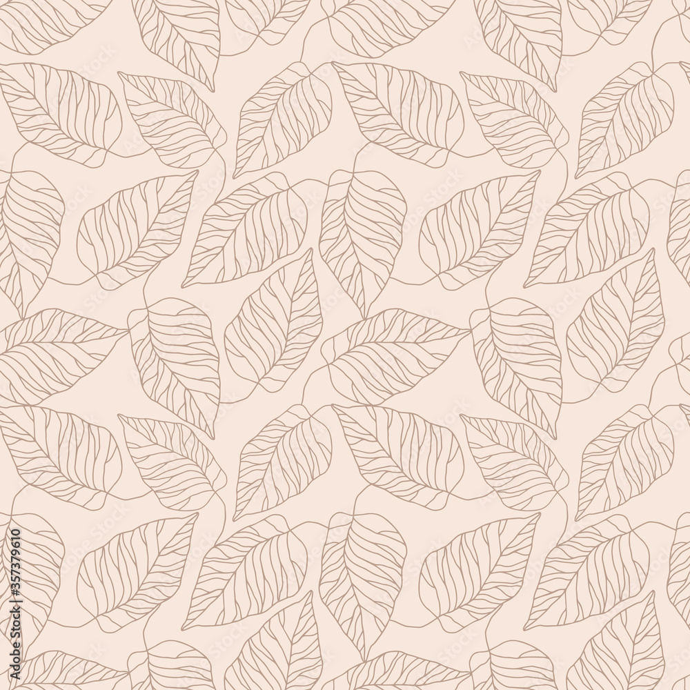 Monochrome drawing leaves and abstract form. Vector seamless pattern. Elegant outline drawn plant . The texture of natural materials. Modern minimalist line drawing. Textile plant print in boho style.