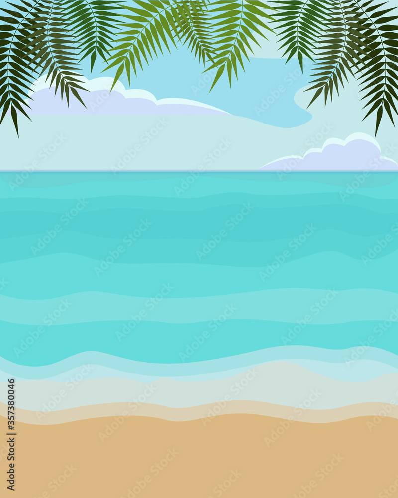 Vector illustration of sea, beach, palm leaves and sky with clouds. Summer seascape. Summer background