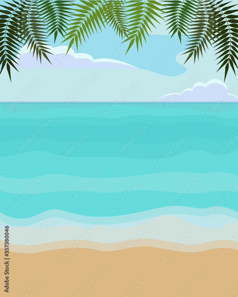 Vector illustration of sea, beach, palm leaves and sky with clouds. Summer seascape. Summer background Vector illustration of sea, beach, palm leaves and sky with clouds. Summer seascape. Summer background