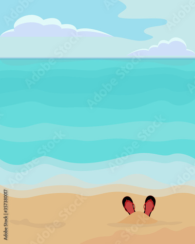 Vector illustration of sea, beach and flip flops in the sand. Beautiful summer beach background for your design