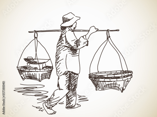 Woman carrying a yoke on her shoulder, Vector sketch, Hand drawn illustration