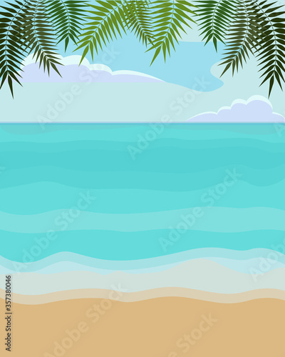 Vector illustration of sea  beach  palm leaves and sky with clouds. Summer seascape. Summer background