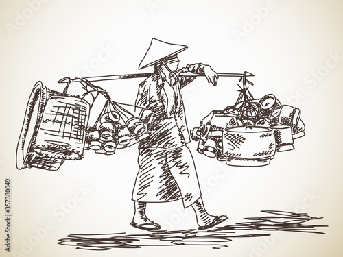 Woman carrying a yoke on her shoulder, Vector sketch, Hand drawn illustration