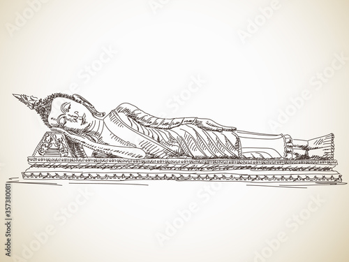 February 2, 2015: Reclining Buddha in Vientiane, Laos. Hand drawn sketch. Vector illustration.