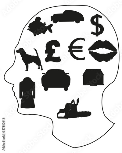 Human head with thought and daydream about material wellfare