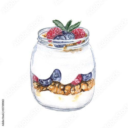 Watercolor illustration Berry dessert in a glass