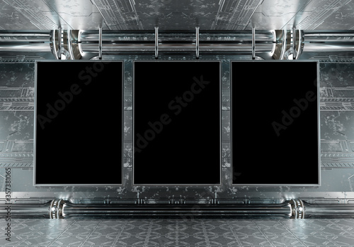 Fototapeta Naklejka Na Ścianę i Meble -  Three vertical billboards in futuristic underground Mockup. Hoardings in spaceship interior with metallic panels and modern lights. 3D rendering
