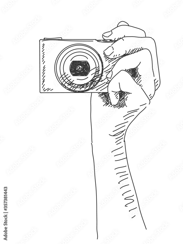 Sketch of hand holding compact photo camera, Hand drawn illustration