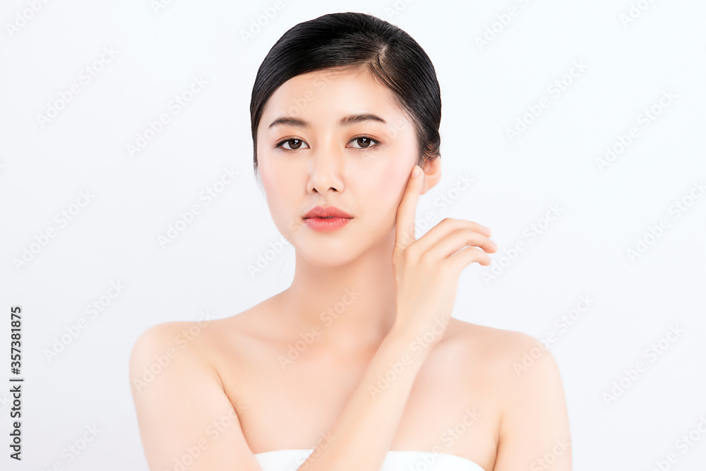 Beautiful Young asian Woman touching her clean face with fresh Healthy Skin, isolated on white background, Beauty Cosmetics and Facial treatment Concept. Beautiful Young asian Woman touching her clean face with fresh Healthy Skin, isolated on white background, Beauty Cosmetics and Facial treatment Concept.