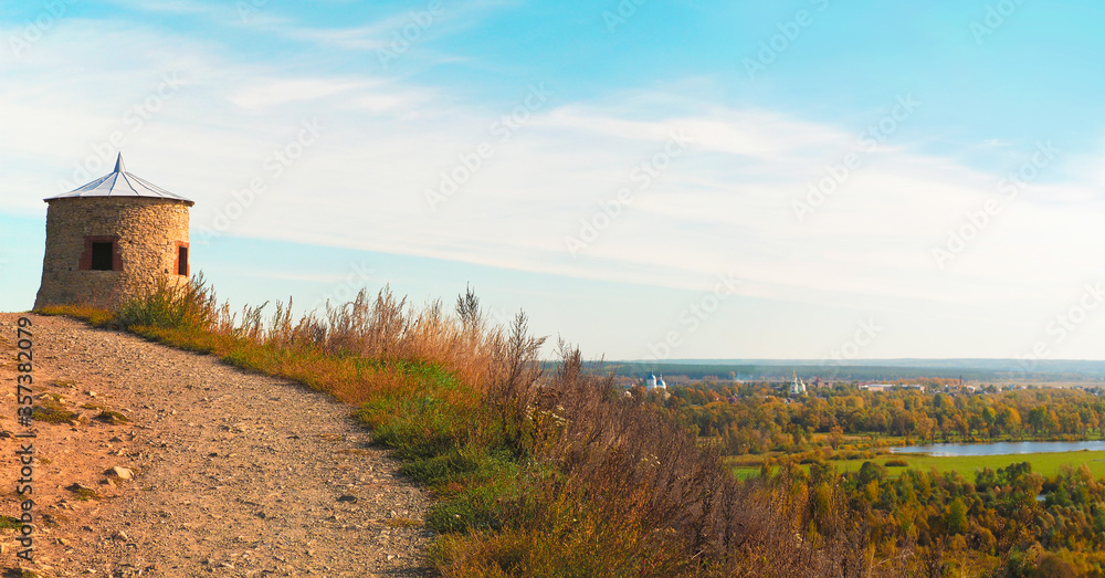 Devil hill, ancient watchtower, panoramic autumn landscape. Bank of the Kama River, Elabuga, Tatarstan, Russia