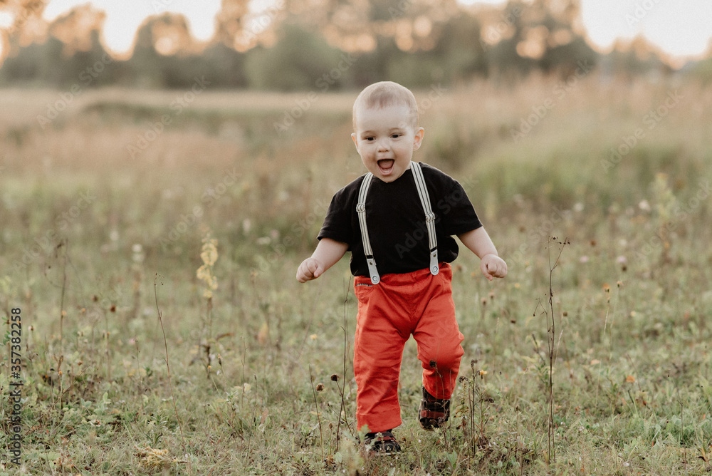 funny little baby boy running on summer grass in field funny little baby boy running on summer grass in field