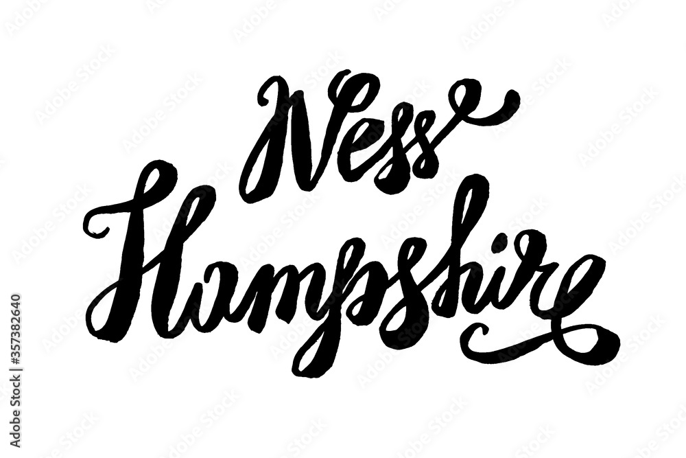 USA States vector name phrase. Brush calligraphy of the New Hampshire. Hand-drawn typography of the USA with the name of the state. Modern brush ink lettering. America typographic sign. USA States vector name phrase. Brush calligraphy of the New Hampshire. Hand-drawn typography of the USA with the name of the state. Modern brush ink lettering. America typographic sign.