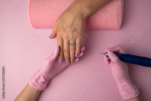 Manicure process, top view.Manicure in beauty salon.Manicure concept, flat lay