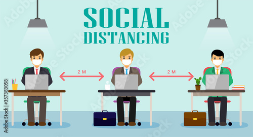 Businessman office people maintain social distancing. New normal at job working. covid-19 sign vector