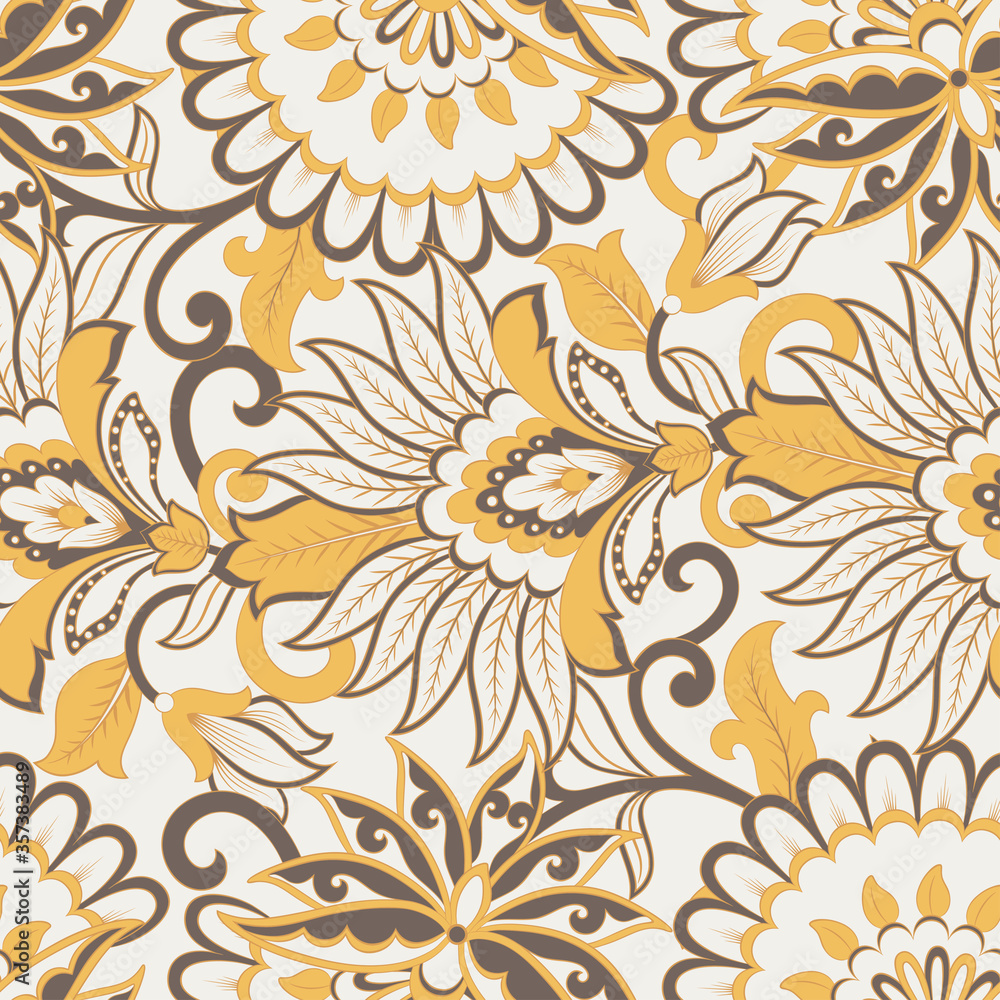 Floral vector seamless pattern. Fantastic flower, leaves. Textile bohemian print. Batik painting