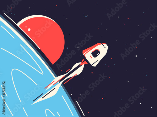 Vector illustration of a reusable spacecraft entering into orbit around the planet