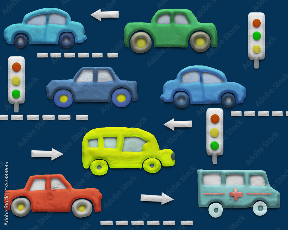 Road, traffic lights and cars made of plastic mass on a blue background. Children's illustration or application. 3D image