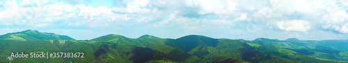 Panoramic mountain landscape. Forested mountains  cloudy  summer day