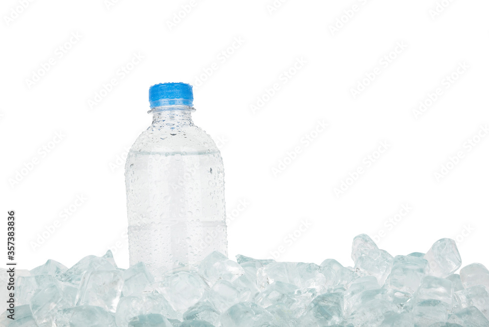 Plastic bottle of drinking water on ice over white Plastic bottle of drinking water on ice over white