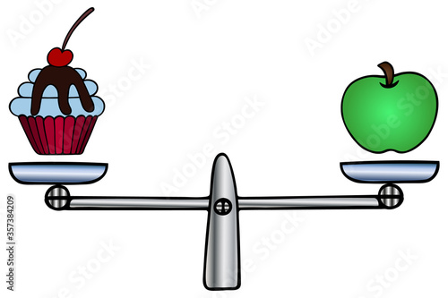 Scales, a cake and an apple. Color vector illustration on an isolated white background. Comparison of dessert with fruit. Fighting overweight. Instrument for weighing solutions. Cartoon style. Healthy