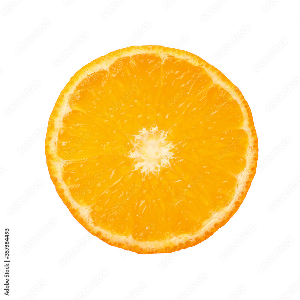 Close up round cut slice of orange over white Close up round cut slice of orange over white
