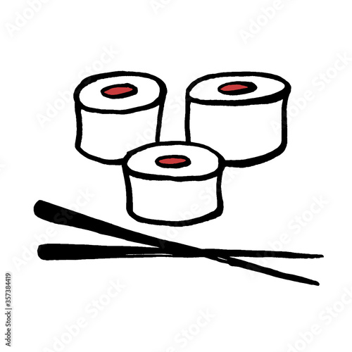 Vector illustration of sushi on a plate. Japanese doodle food. Hand-drawn cartoon design