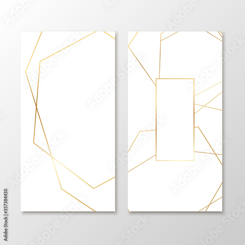 Wedding invitation cards with gold geometric polygonal design elements. Vector luxury invite