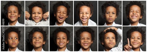Black child boy faces photo set, head shot collage. Emotions, emotional expression photo