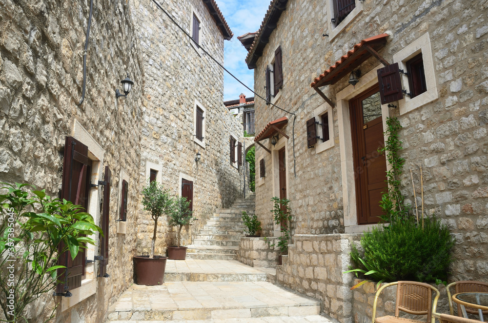 One of the streets in the old city of Ulcinj in summer on a Sunny day. Montenegro