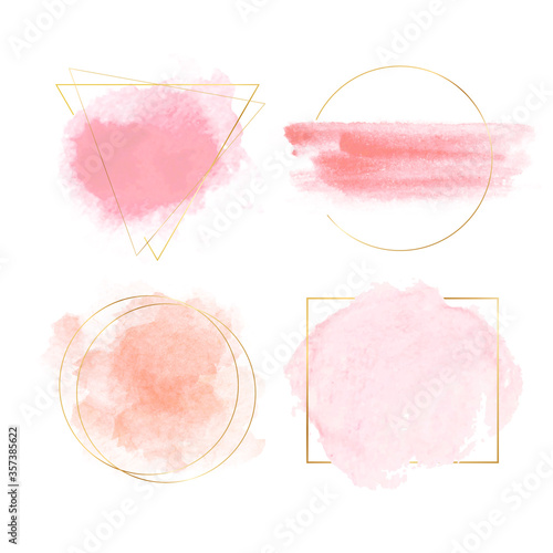 Fototapeta Naklejka Na Ścianę i Meble -  Watercolor banners with gold triangle, square and round frames. Vector illustration for banners, posters, flyers and wedding invitation cards